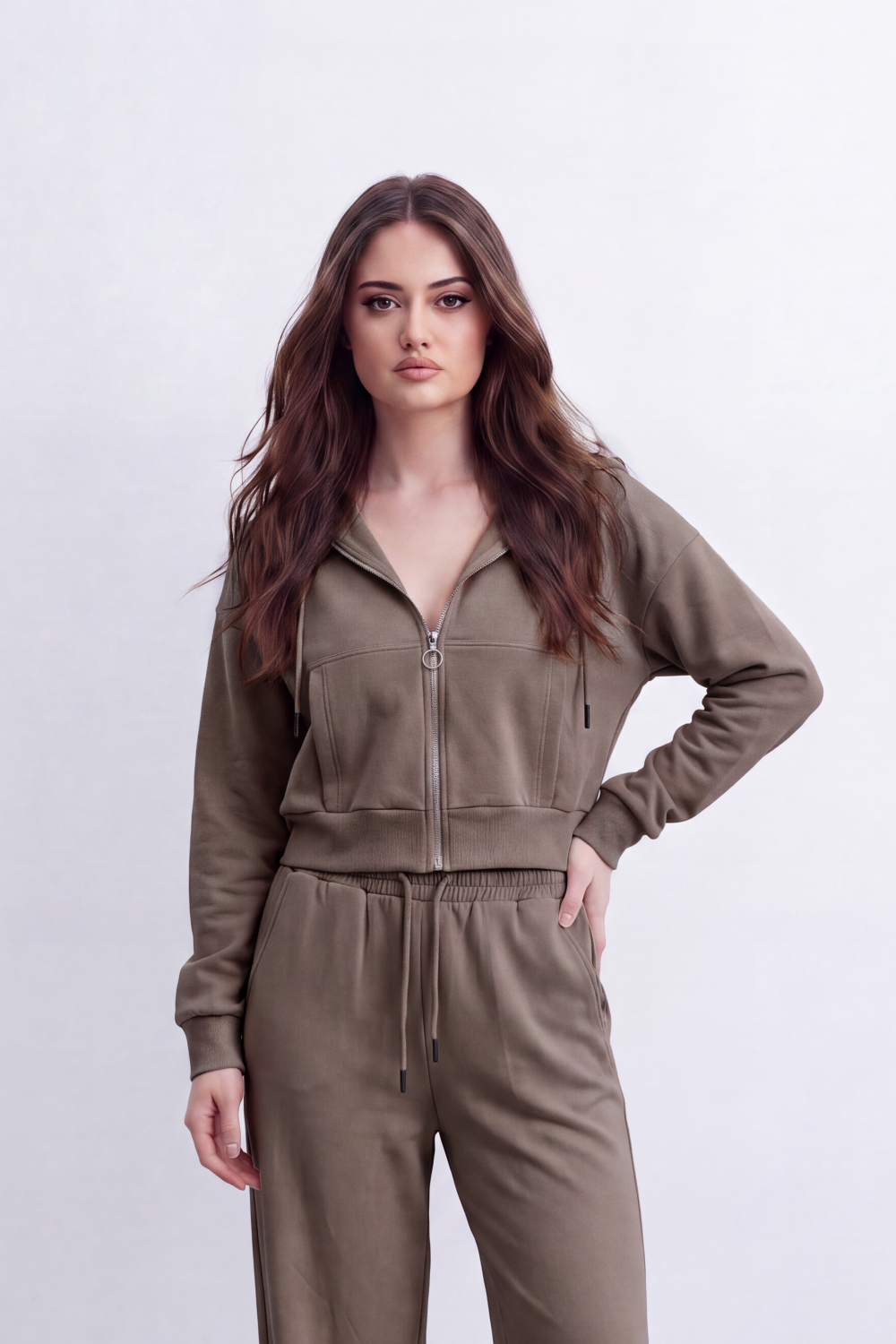 Women's Tomato Store Soft Brushed Knit Co-Ord Set Zip-Front Detail Drawstring Waist