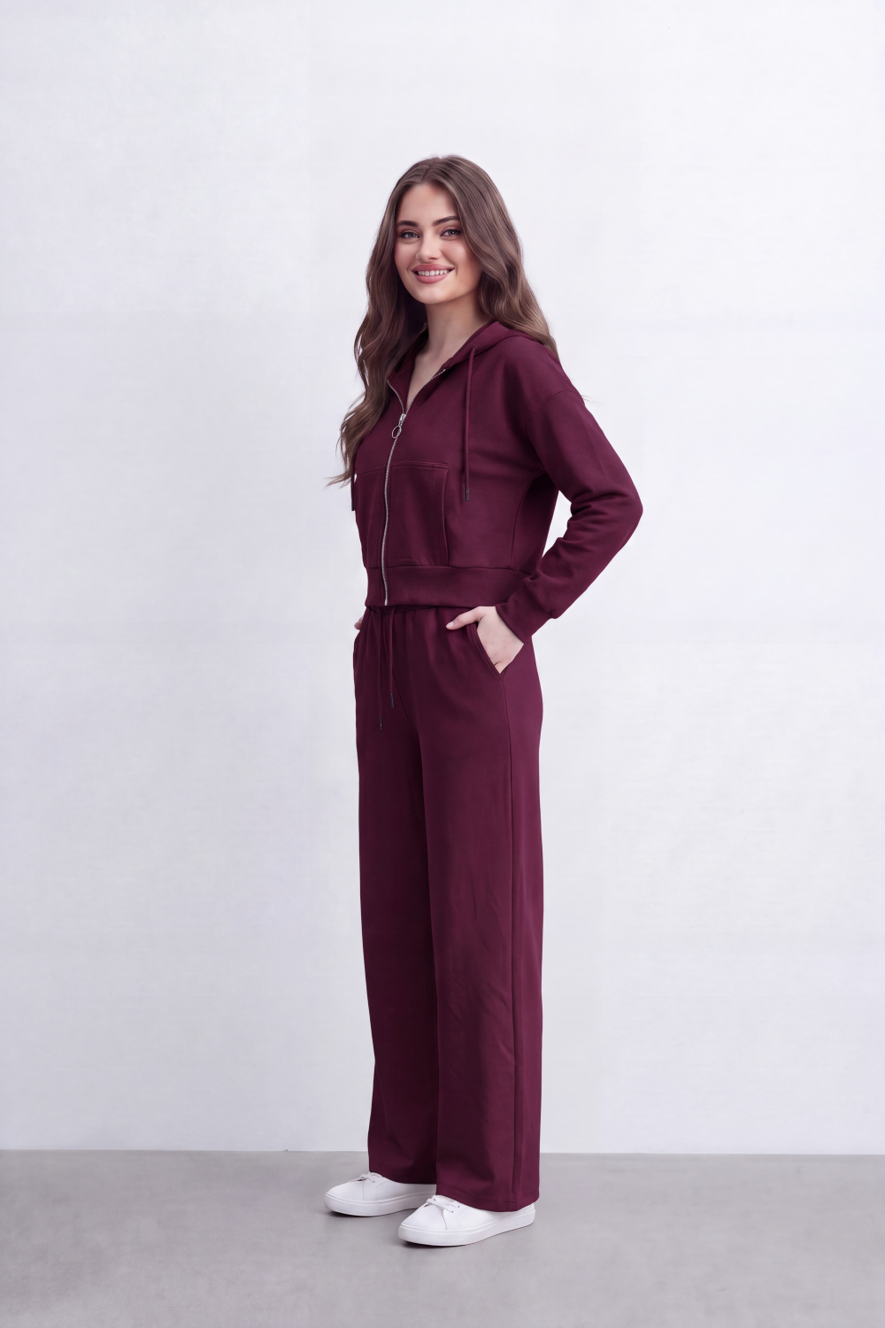 Women's Tomato Store Soft Brushed Knit Co-Ord Set Zip-Front Detail Drawstring Waist
