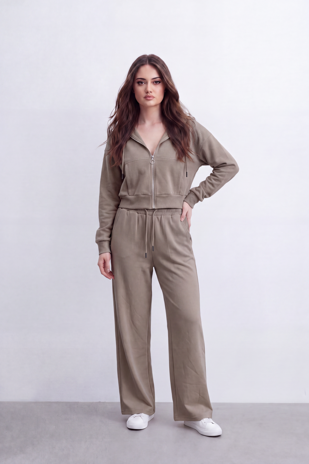 Women's Tomato Store Soft Brushed Knit Co-Ord Set Zip-Front Detail Drawstring Waist