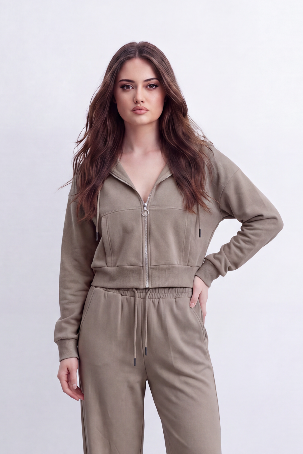 Women's Tomato Store Soft Brushed Knit Co-Ord Set Zip-Front Detail Drawstring Waist