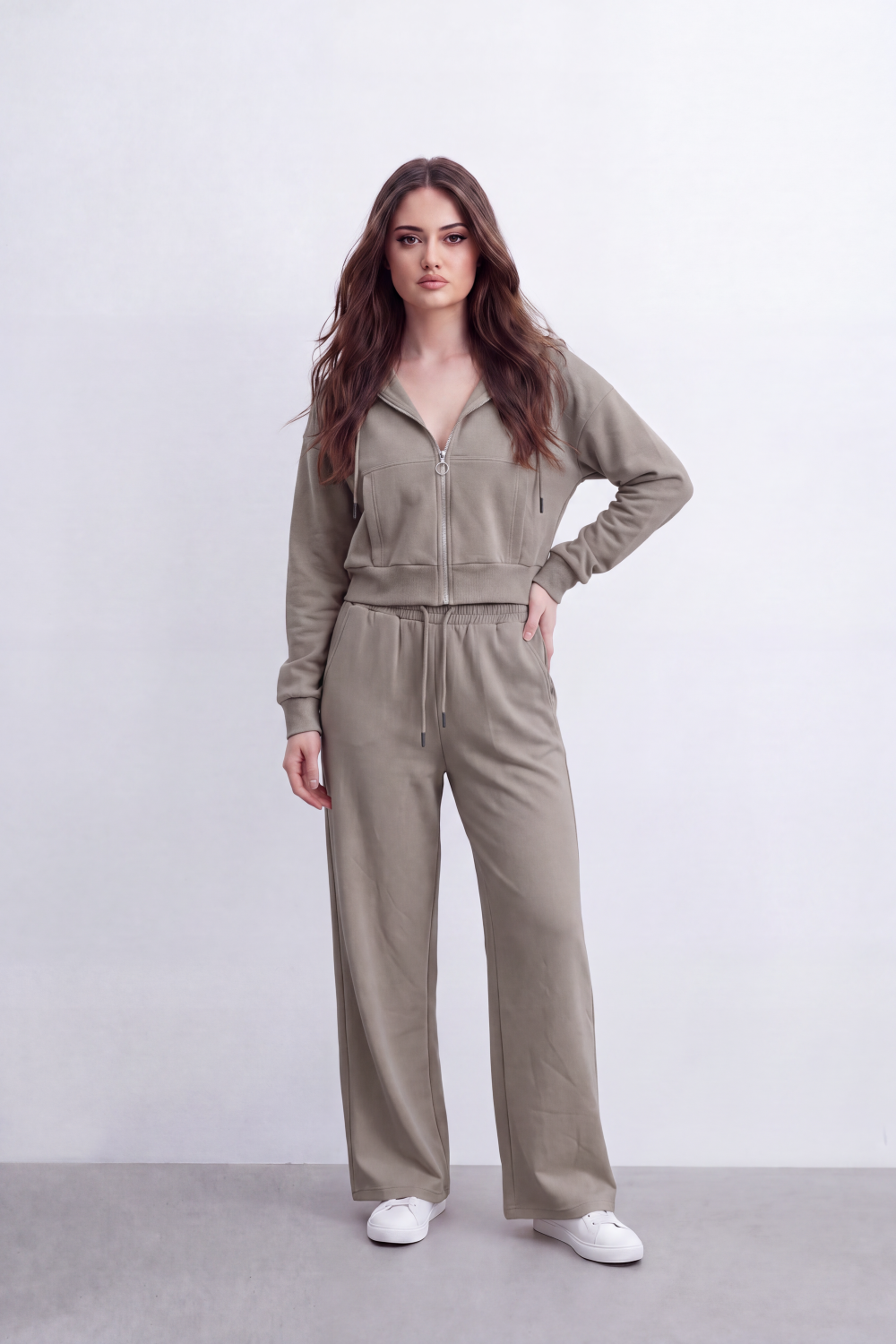 Women's Tomato Store Soft Brushed Knit Co-Ord Set Zip-Front Detail Drawstring Waist Outfit