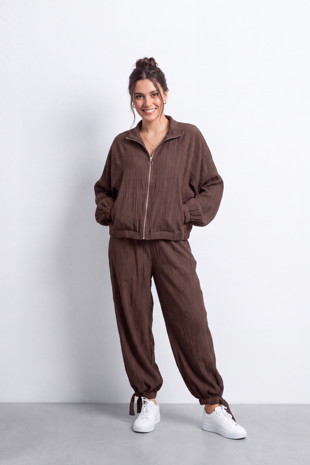Women's Tomato Store Winter Textured Co-Ord Set Zip Front Long Sleeve Design Outfit
