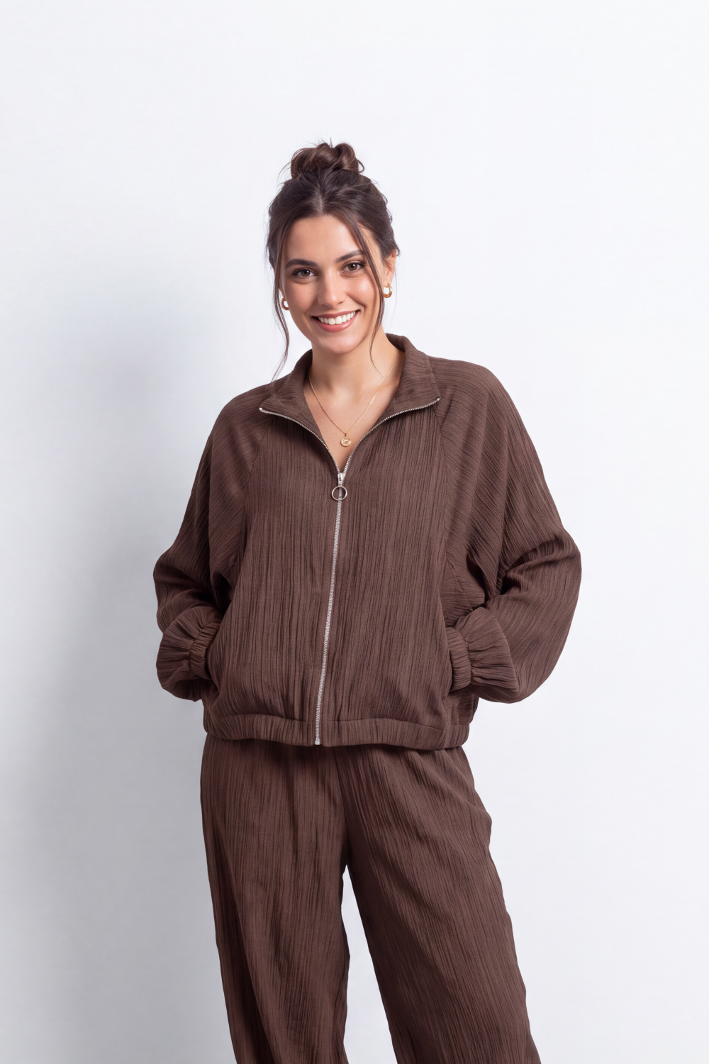 Women's Tomato Store Winter Textured Co-Ord Set Zip Front Long Sleeve Design Outfit