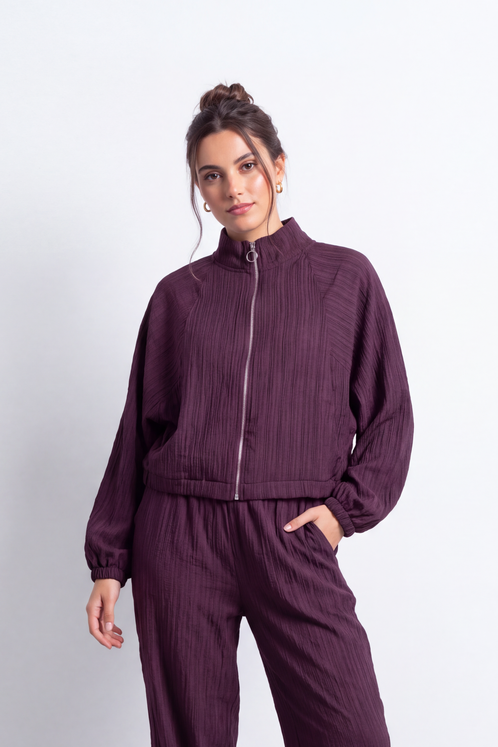 Women's Tomato Store Winter Textured Co-Ord Set Zip Front Long Sleeve Design Outfit