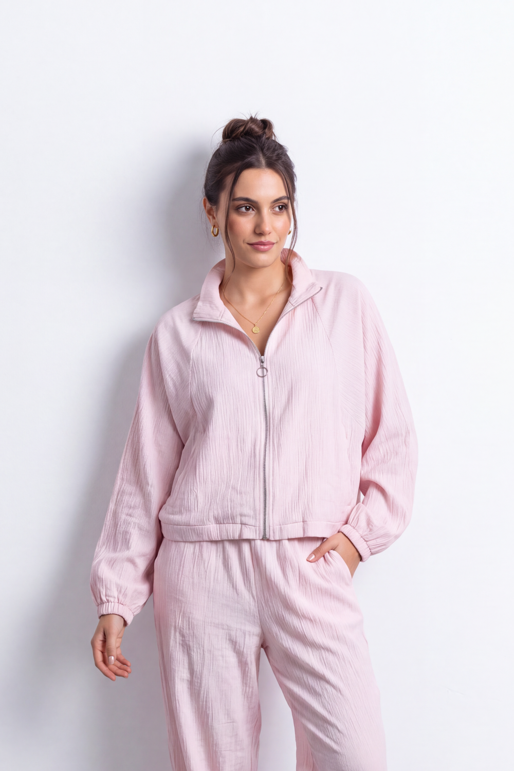 Women's Tomato Store Winter Textured Co-Ord Set Zip Front Long Sleeve Design Outfit