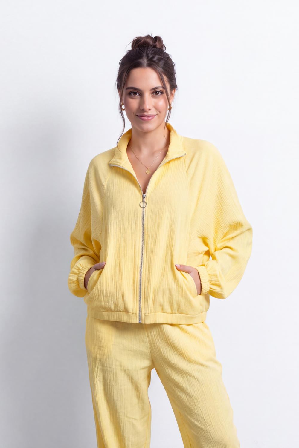 Women's Tomato Store Winter Textured Co-Ord Set Zip Front Long Sleeve Design Outfit