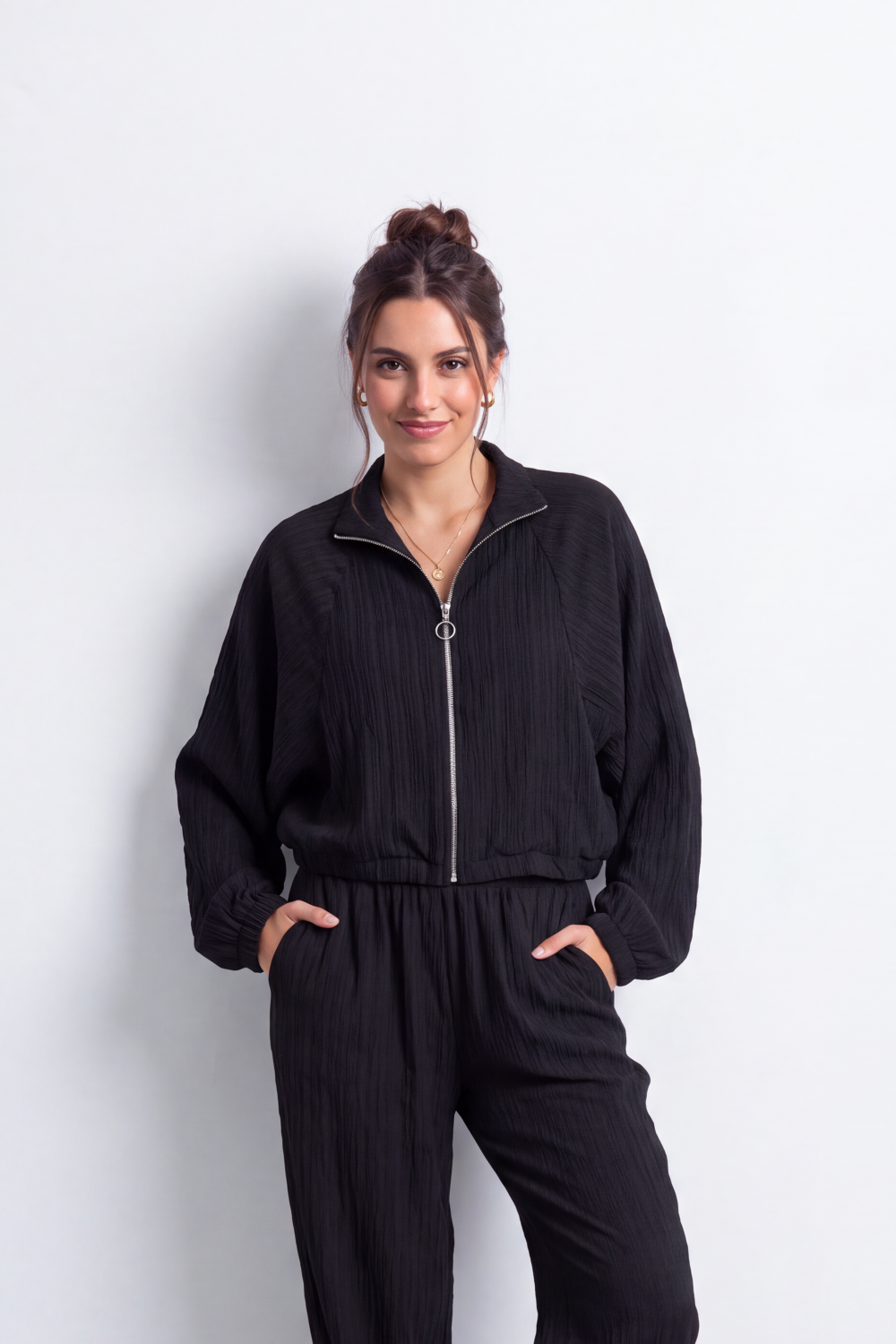 Women's Tomato Store Winter Textured Co-Ord Set Zip Front Long Sleeve Design Outfit