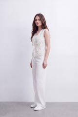 Women's Tomato Store Summer Crochet Lace Vest Intricate Cutwork Embroidery Tie-Front Detail