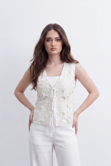 Women's Tomato Store Summer Crochet Lace Vest Intricate Cutwork Embroidery Tie-Front Detail