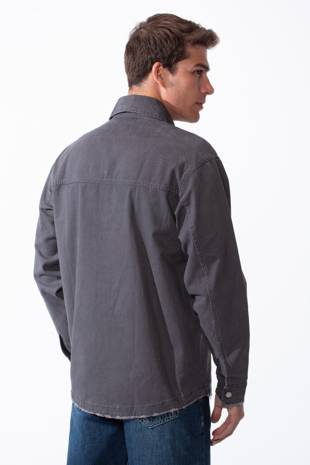Men's Classic Pointed Collar Full Button-Down Front Chest Pockets Distressed Edges Slim Fit Gabardine Shirt