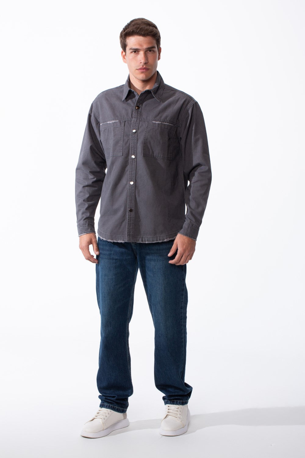 Men's Classic Pointed Collar Full Button-Down Front Chest Pockets Distressed Edges Slim Fit Gabardine Shirt
