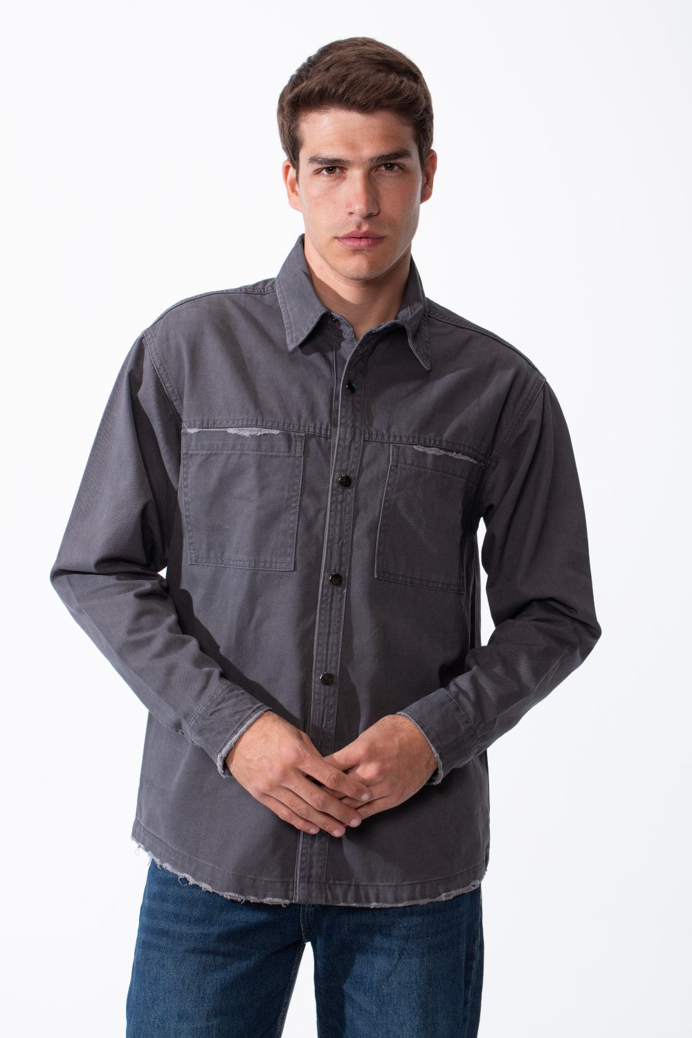 Men's Classic Pointed Collar Full Button-Down Front Chest Pockets Distressed Edges Slim Fit Gabardine Shirt