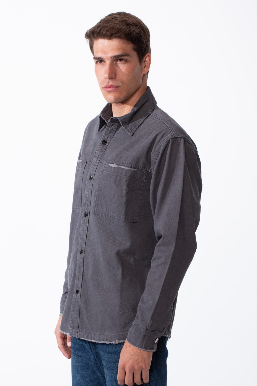Men's Classic Pointed Collar Full Button-Down Front Chest Pockets Distressed Edges Slim Fit Gabardine Shirt