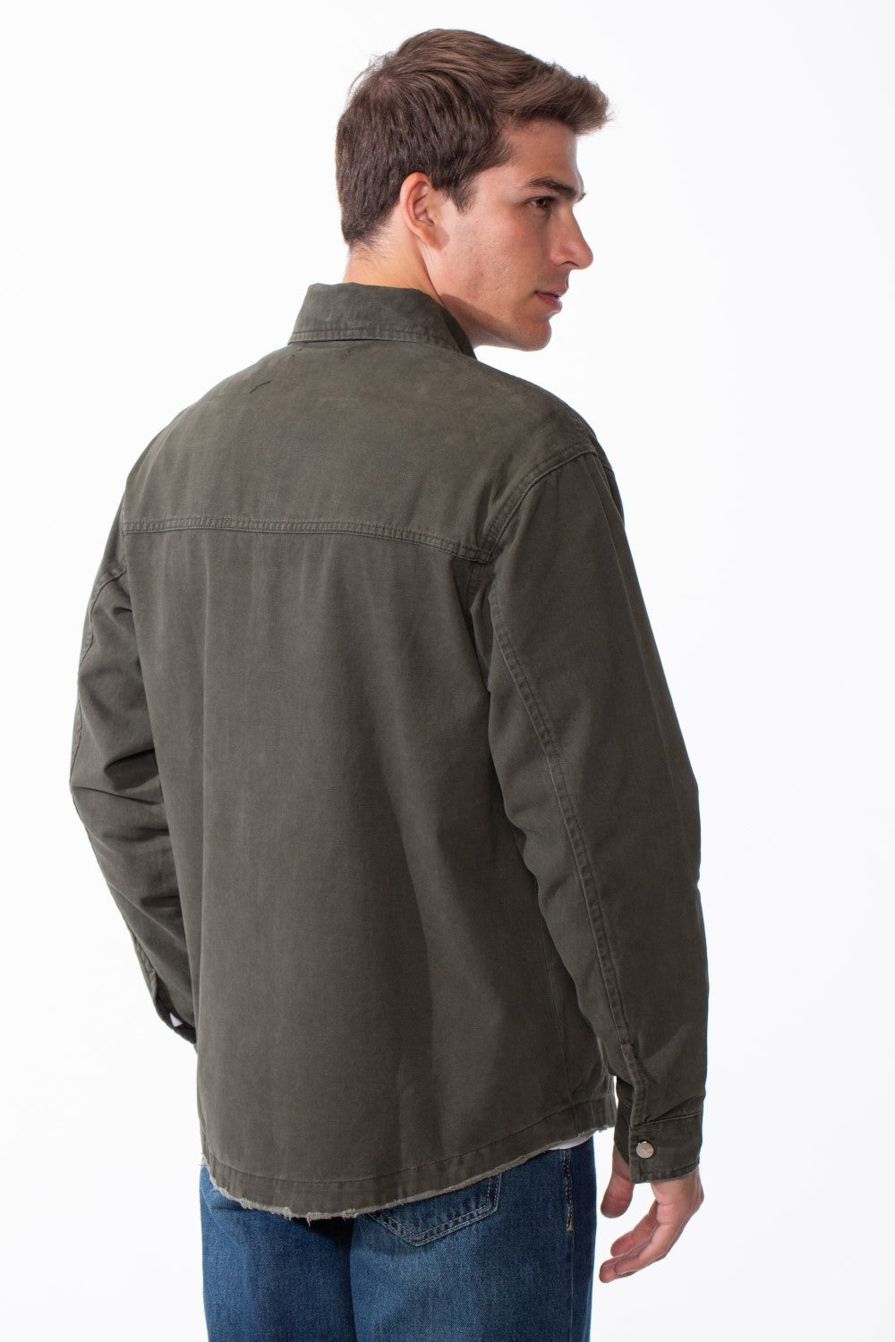 Men's Classic Pointed Collar Full Button-Down Front Chest Pockets Distressed Edges Slim Fit Gabardine Shirt