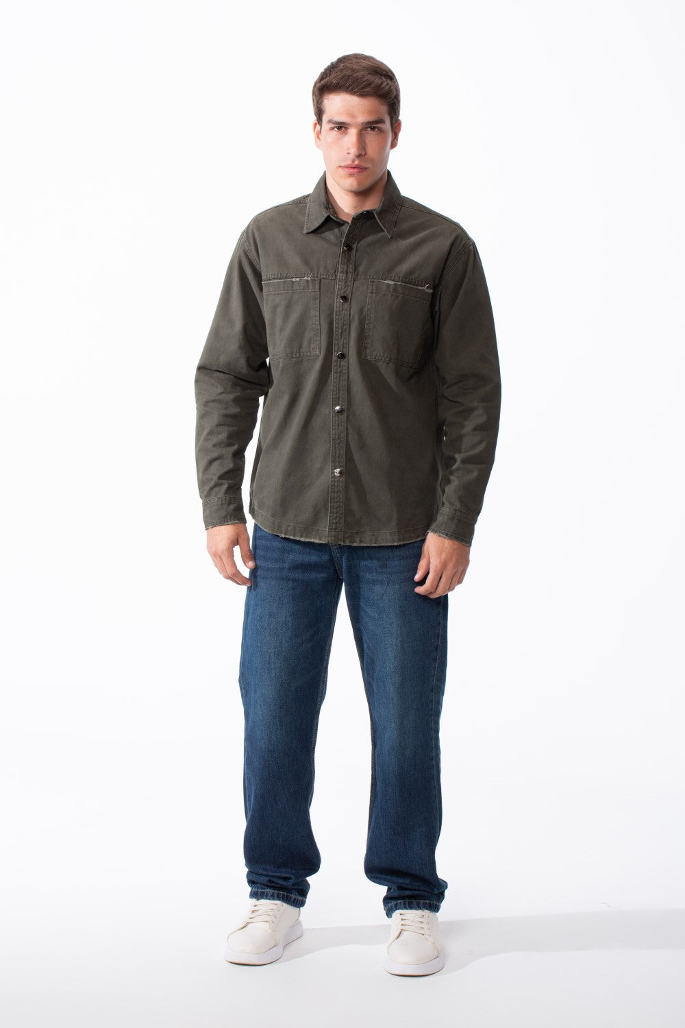 Men's Classic Pointed Collar Full Button-Down Front Chest Pockets Distressed Edges Slim Fit Gabardine Shirt
