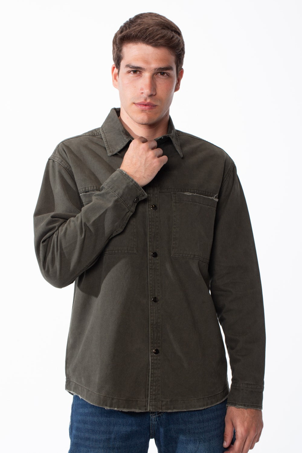 Men's Classic Pointed Collar Full Button-Down Front Chest Pockets Distressed Edges Slim Fit Gabardine Shirt