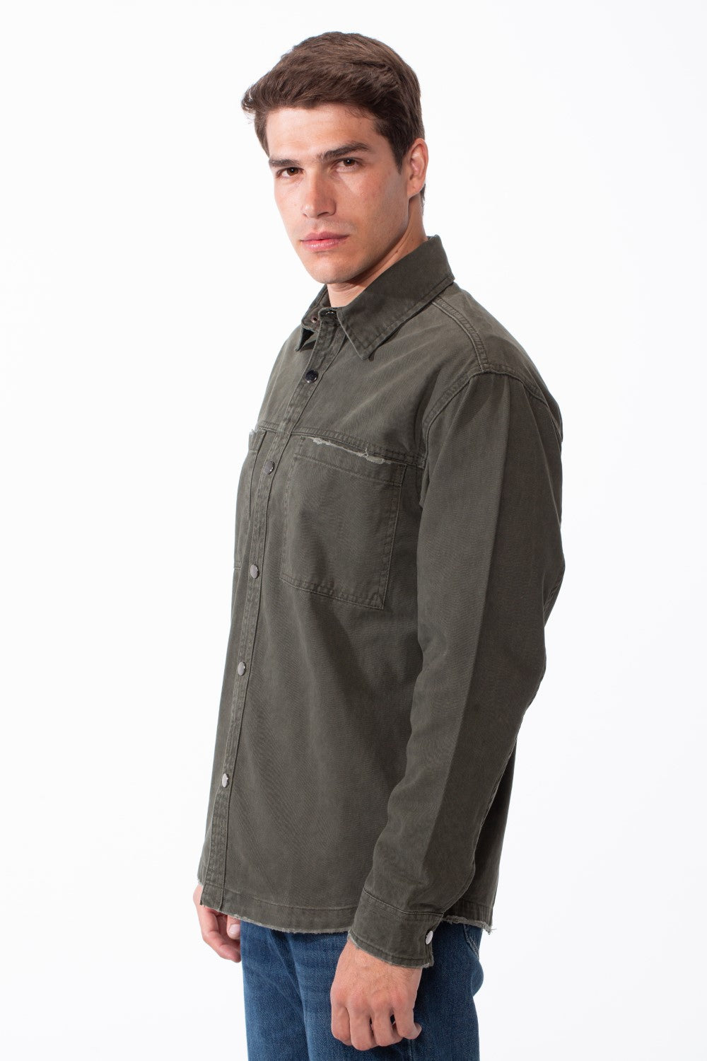Men's Classic Pointed Collar Full Button-Down Front Chest Pockets Distressed Edges Slim Fit Gabardine Shirt