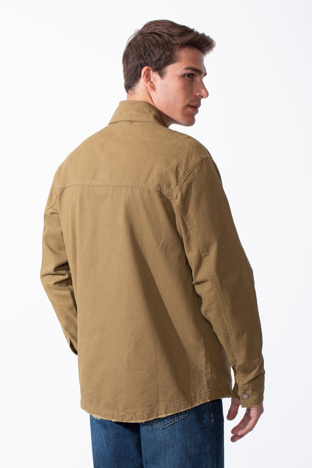 Men's Classic Pointed Collar Full Button-Down Front Chest Pockets Distressed Edges Slim Fit Gabardine Shirt