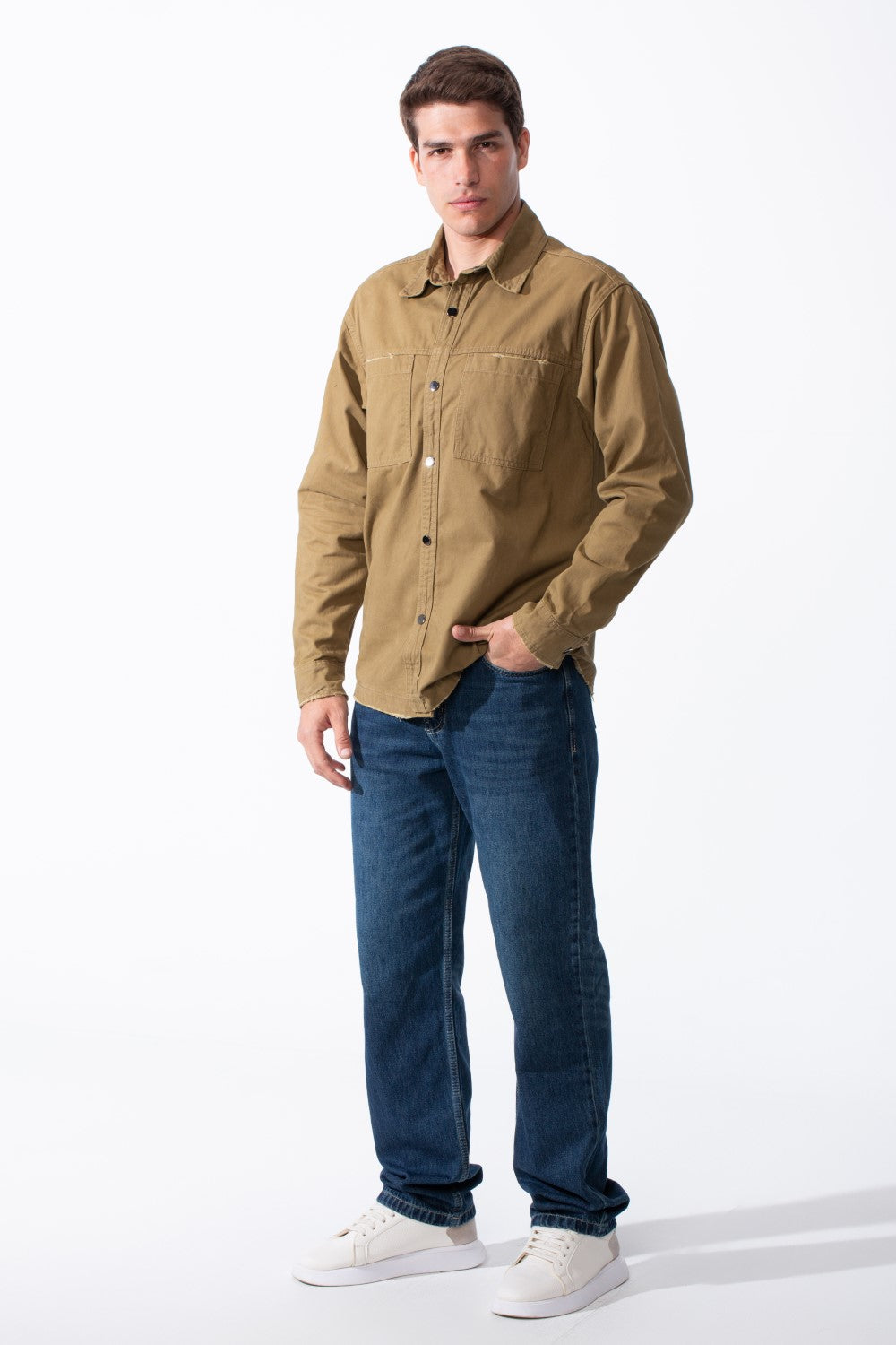Men's Classic Pointed Collar Full Button-Down Front Chest Pockets Distressed Edges Slim Fit Gabardine Shirt