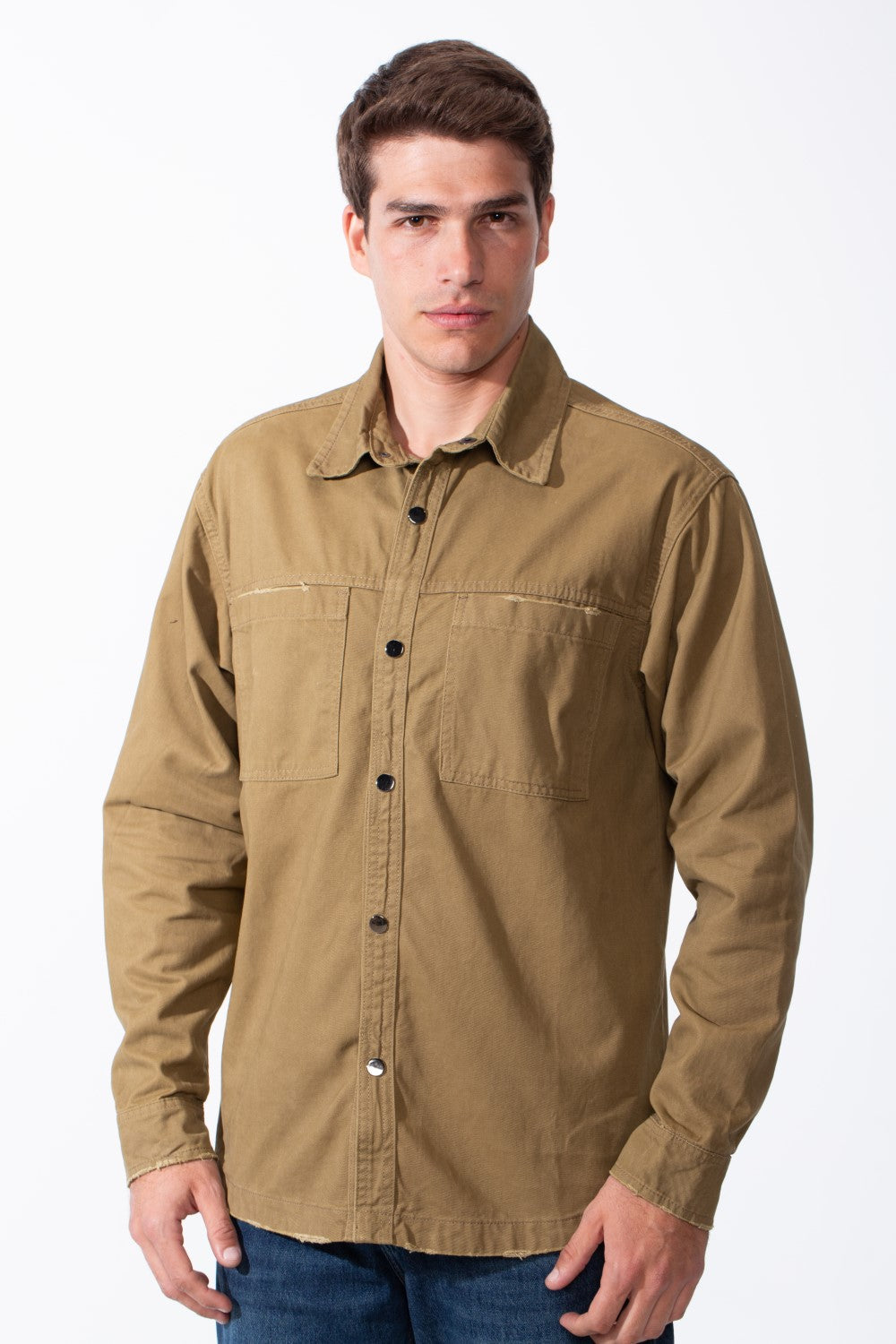 Men's Classic Pointed Collar Full Button-Down Front Chest Pockets Distressed Edges Slim Fit Gabardine Shirt