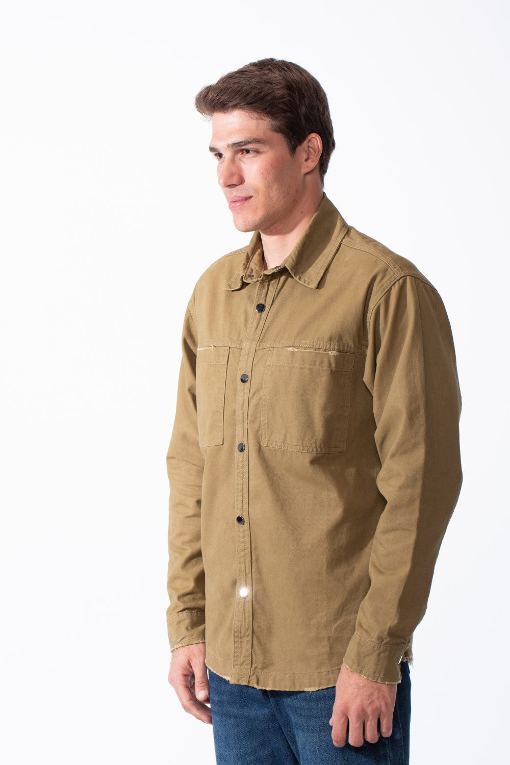 Men's Classic Pointed Collar Full Button-Down Front Chest Pockets Distressed Edges Slim Fit Gabardine Shirt
