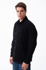 Men's Classic Pointed Collar Full Button-Down Front Chest Pockets Distressed Edges Slim Fit Gabardine Shirt