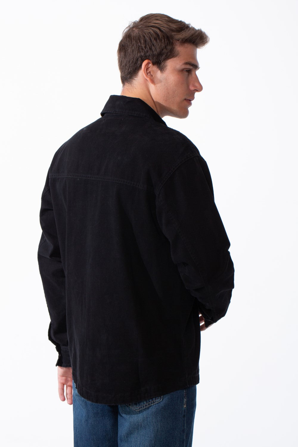 Men's Classic Pointed Collar Full Button-Down Front Chest Pockets Distressed Edges Slim Fit Gabardine Shirt