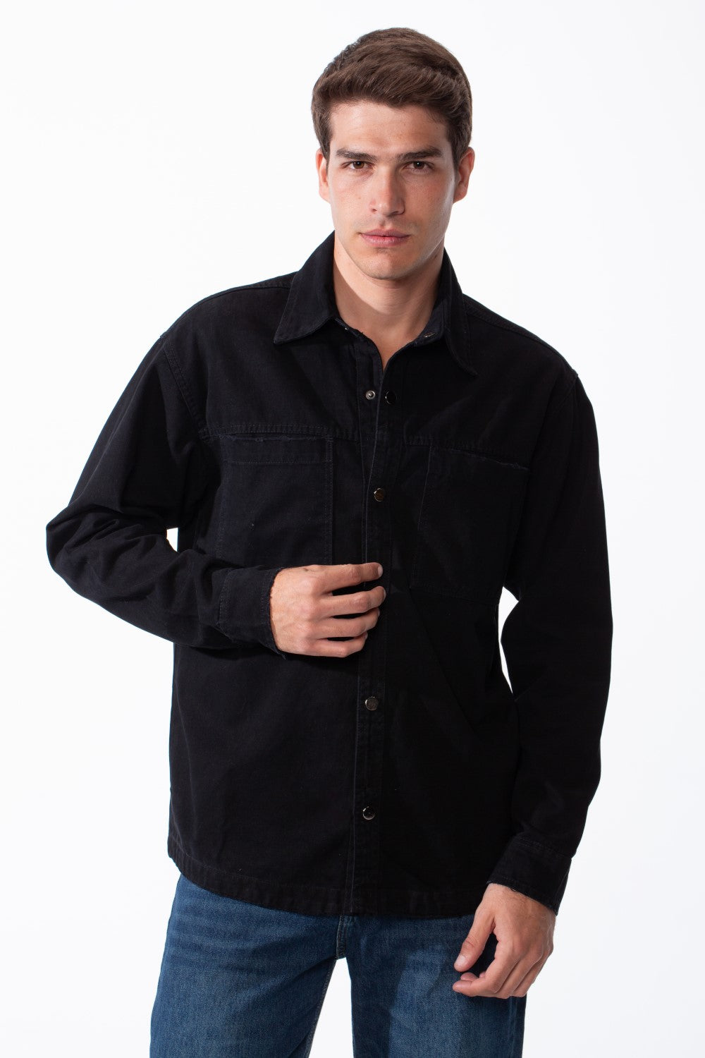 Men's Classic Pointed Collar Full Button-Down Front Chest Pockets Distressed Edges Slim Fit Gabardine Shirt