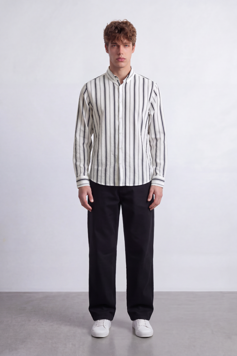 Men's Tomato Store Textured Stripe Shirt Vertical Woven Pattern Long Sleeve Slim Fit