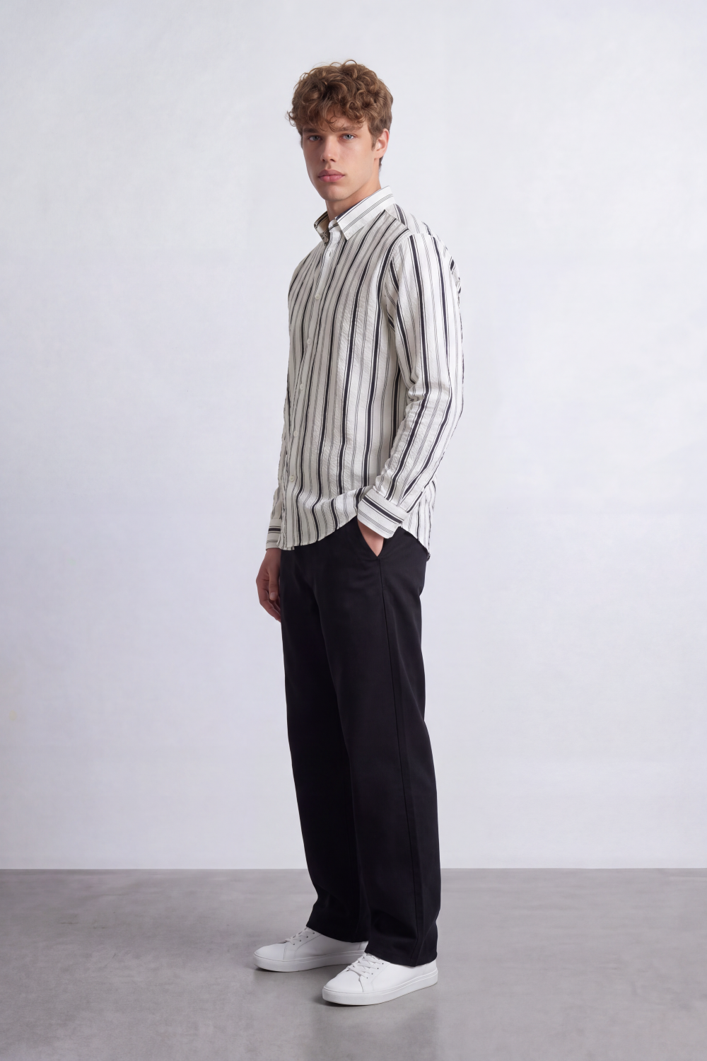 Men's Tomato Store Textured Stripe Shirt Vertical Woven Pattern Long Sleeve Slim Fit