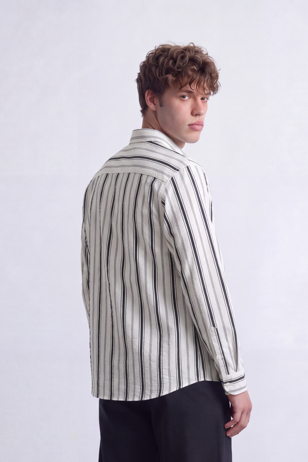 Men's Tomato Store Textured Stripe Shirt Vertical Woven Pattern Long Sleeve Slim Fit