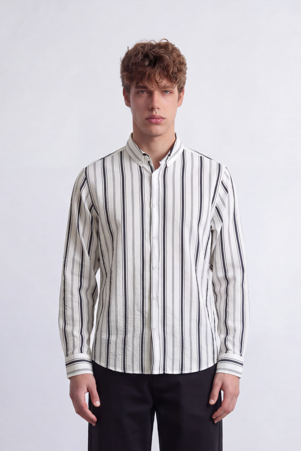 Men's Tomato Store Textured Stripe Shirt Vertical Woven Pattern Long Sleeve Slim Fit
