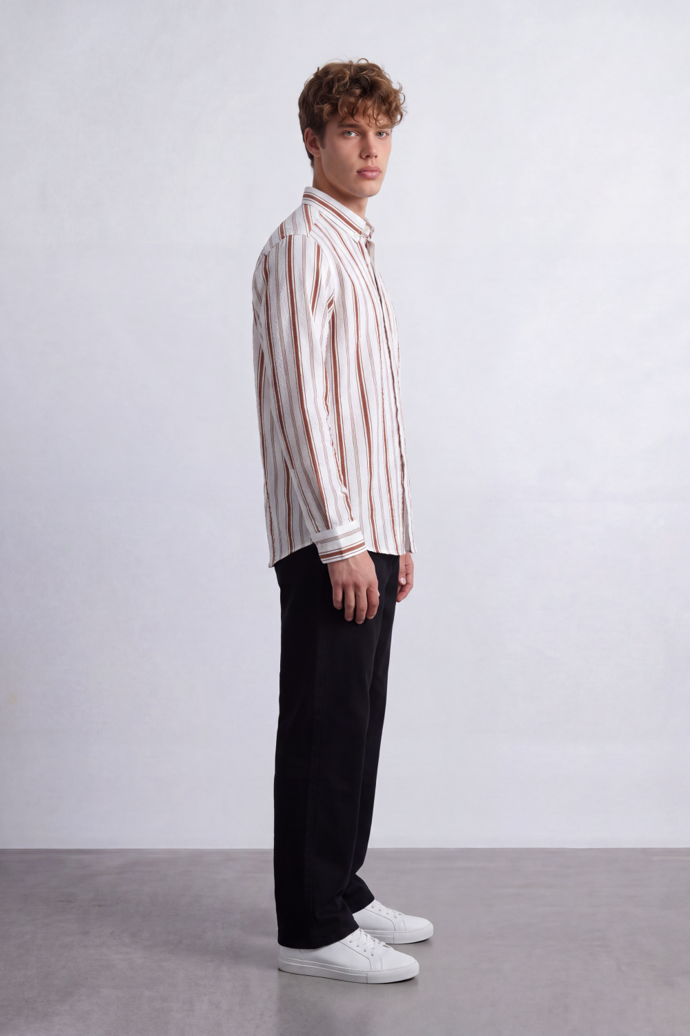 Men's Tomato Store Textured Stripe Shirt Vertical Woven Pattern Long Sleeve Slim Fit