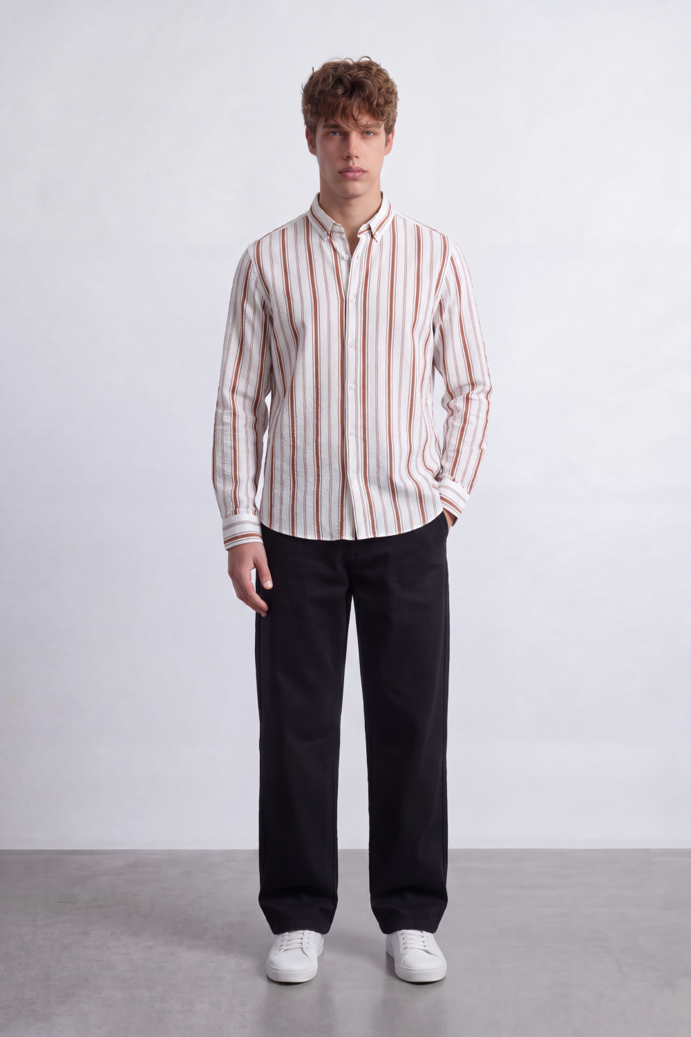 Men's Tomato Store Textured Stripe Shirt Vertical Woven Pattern Long Sleeve Slim Fit