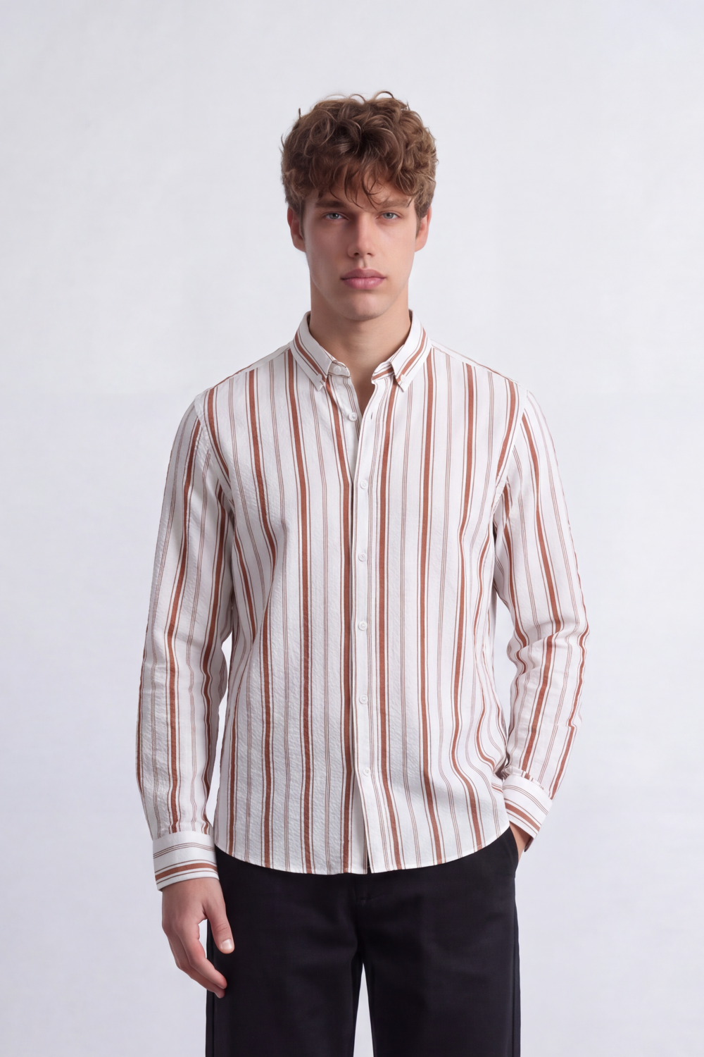 Men's Tomato Store Textured Stripe Shirt Vertical Woven Pattern Long Sleeve Slim Fit