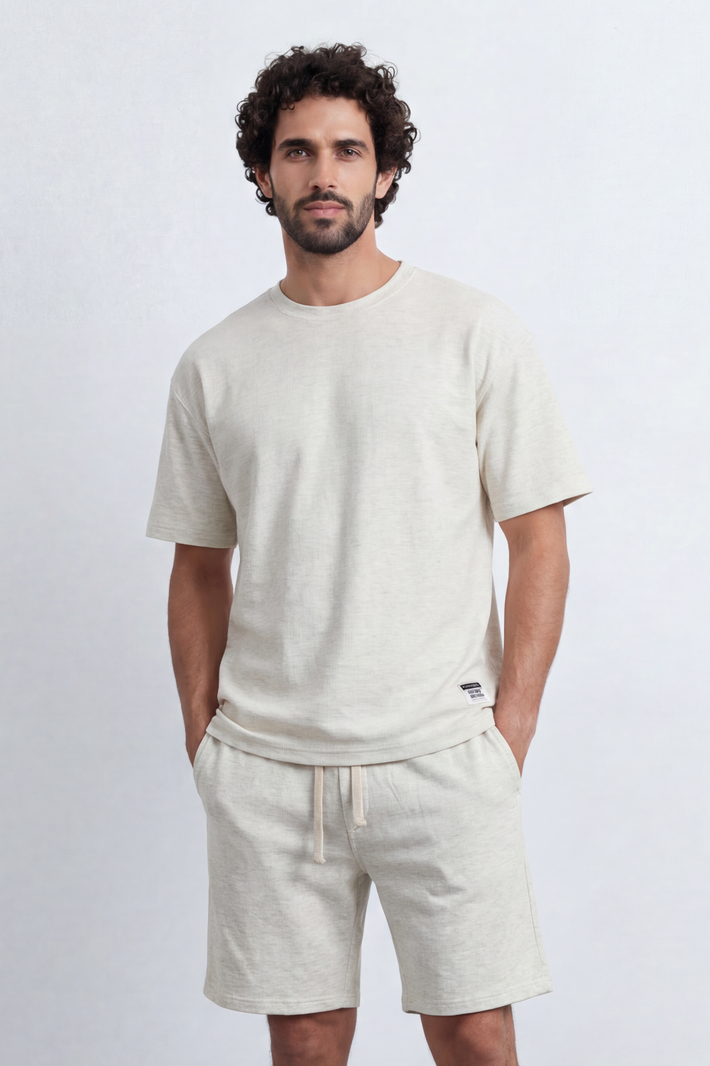 Men’s Tomato Store Nomad Grain Co-Ord Set Hazy Slub Texture Across The Full Look Small Side Label Drawcord Waist Relaxed Outfit