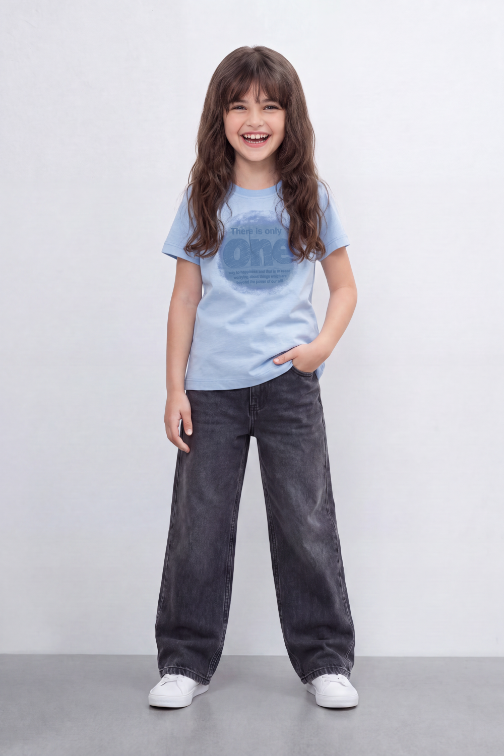 Girl's Tomato Store One Message T-Shirt Faded Tonal Typography Across The Front With Soft Shadow Circle Artwork