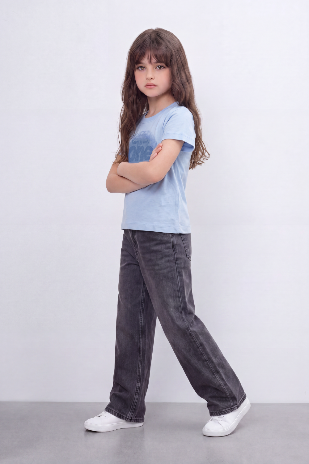 Girl's Tomato Store One Message T-Shirt Faded Tonal Typography Across The Front With Soft Shadow Circle Artwork