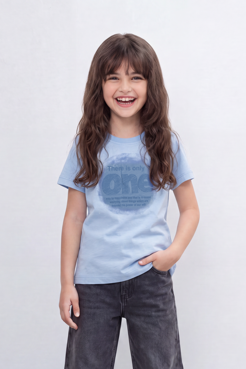 Girl's Tomato Store One Message T-Shirt Faded Tonal Typography Across The Front With Soft Shadow Circle Artwork