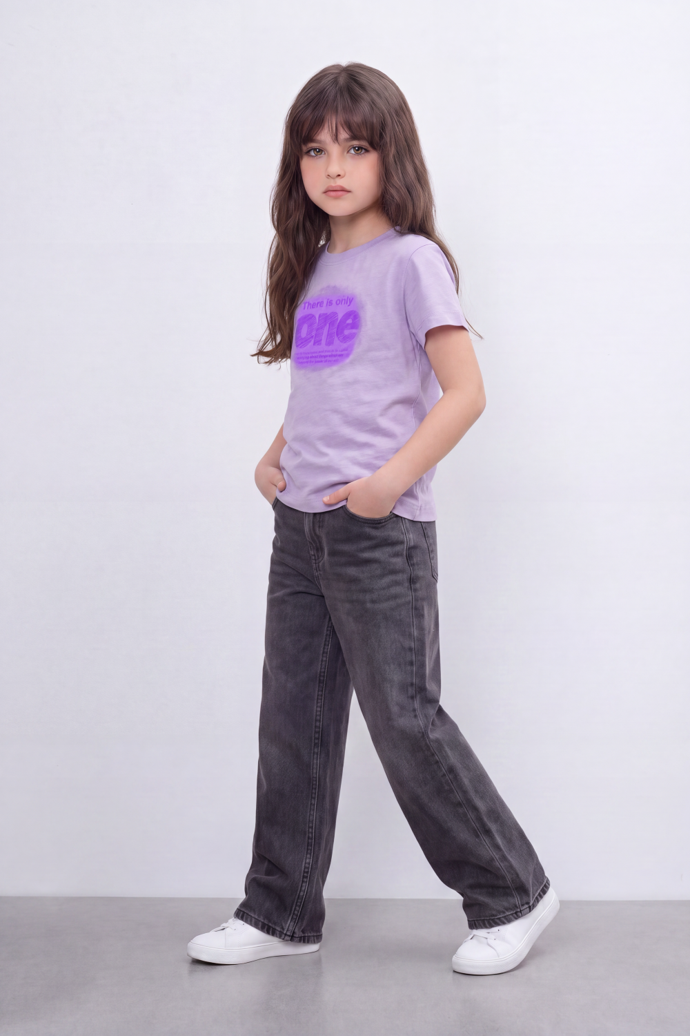 Girl's Tomato Store One Message T-Shirt Faded Tonal Typography Across The Front With Soft Shadow Circle Artwork