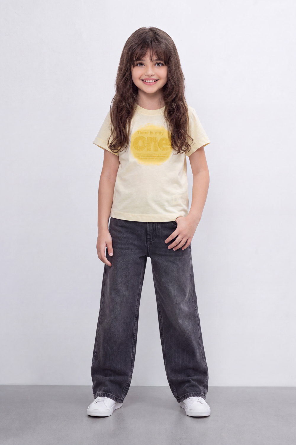 Girl's Tomato Store One Message T-Shirt Faded Tonal Typography Across The Front With Soft Shadow Circle Artwork