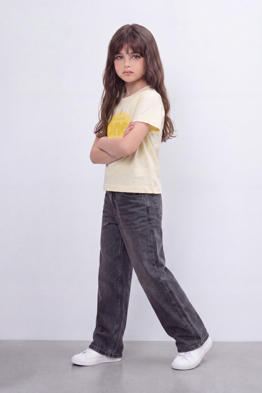 Girl's Tomato Store One Message T-Shirt Faded Tonal Typography Across The Front With Soft Shadow Circle Artwork