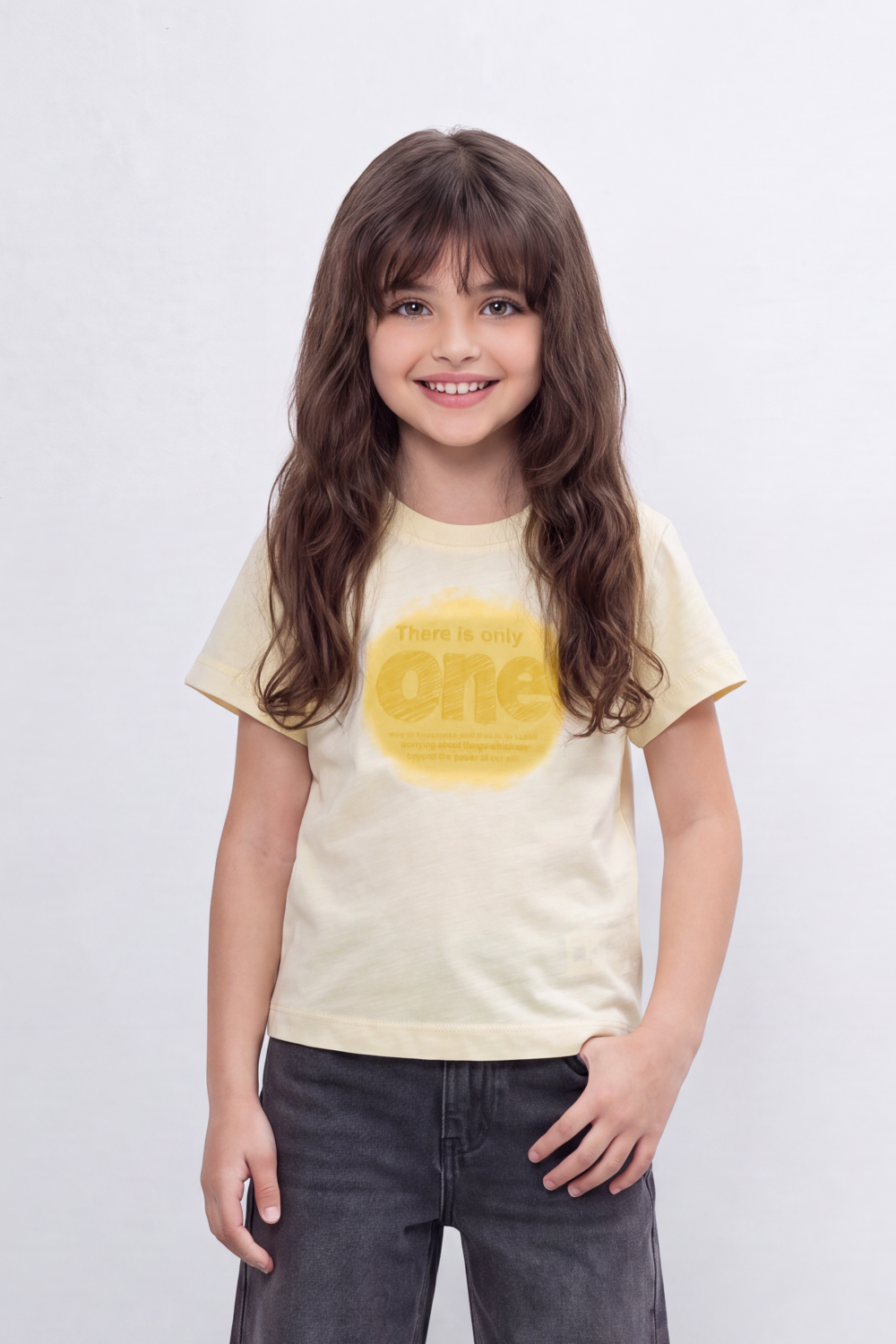 Girl's Tomato Store One Message T-Shirt Faded Tonal Typography Across The Front With Soft Shadow Circle Artwork