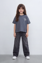 Girls’ Tomato Store Oversize T-Shirt With Smooth Jersey Texture Soft Washed Surface Small Chest Script Print Front Cropped