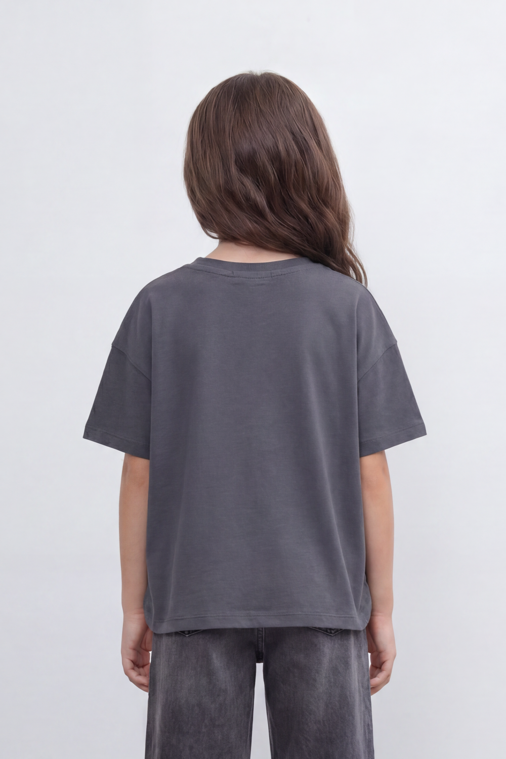 Girls’ Tomato Store Oversize T-Shirt With Smooth Jersey Texture Soft Washed Surface Small Chest Script Print Front Cropped
