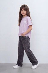 Girls’ Tomato Store Oversize T-Shirt With Smooth Jersey Texture Soft Washed Surface Small Chest Script Print Front Cropped