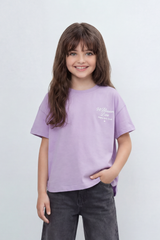Girls’ Tomato Store Oversize T-Shirt With Smooth Jersey Texture Soft Washed Surface Small Chest Script Print Front Cropped