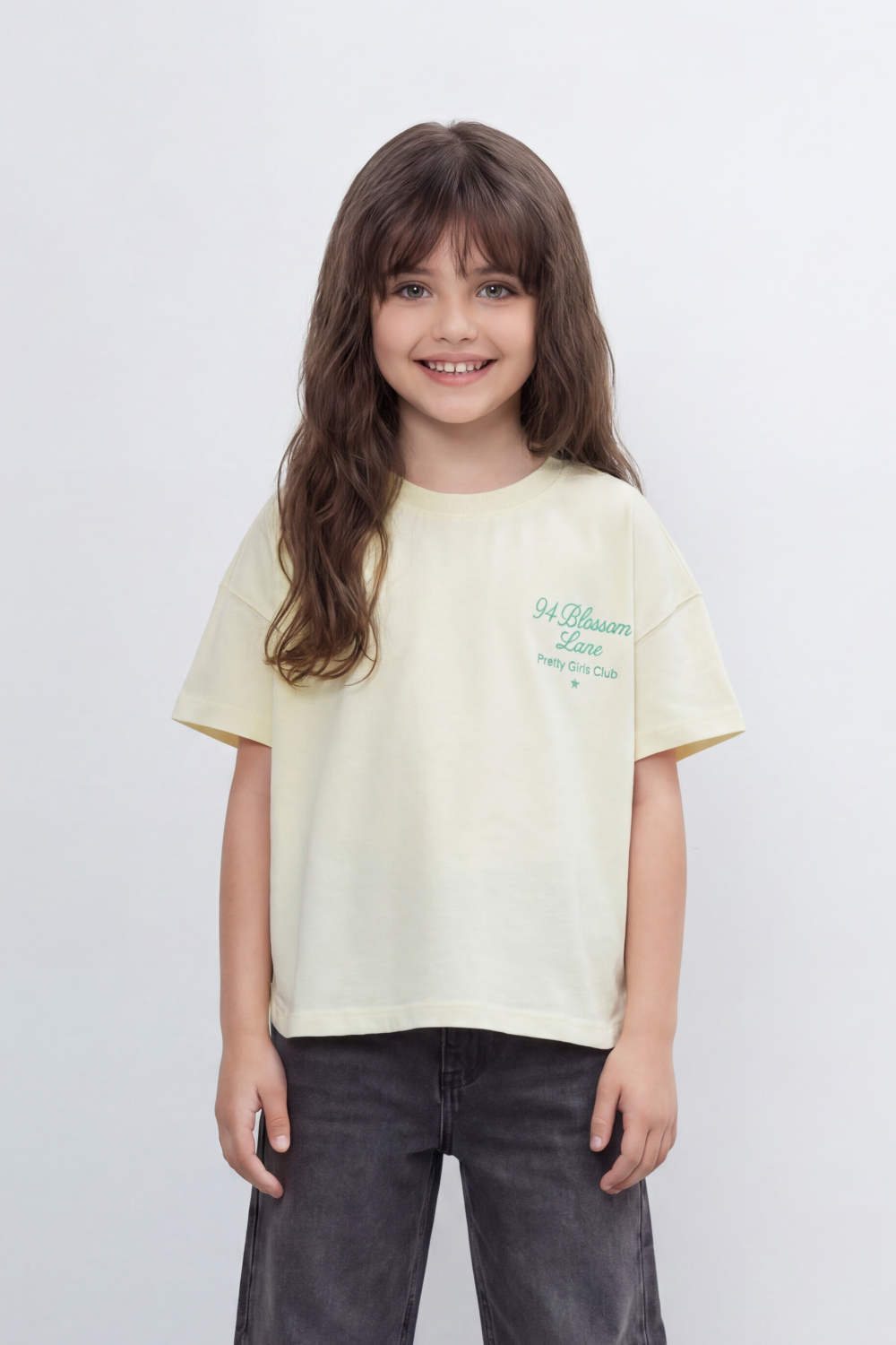 Girls’ Tomato Store Oversize T-Shirt With Smooth Jersey Texture Soft Washed Surface Small Chest Script Print Front Cropped