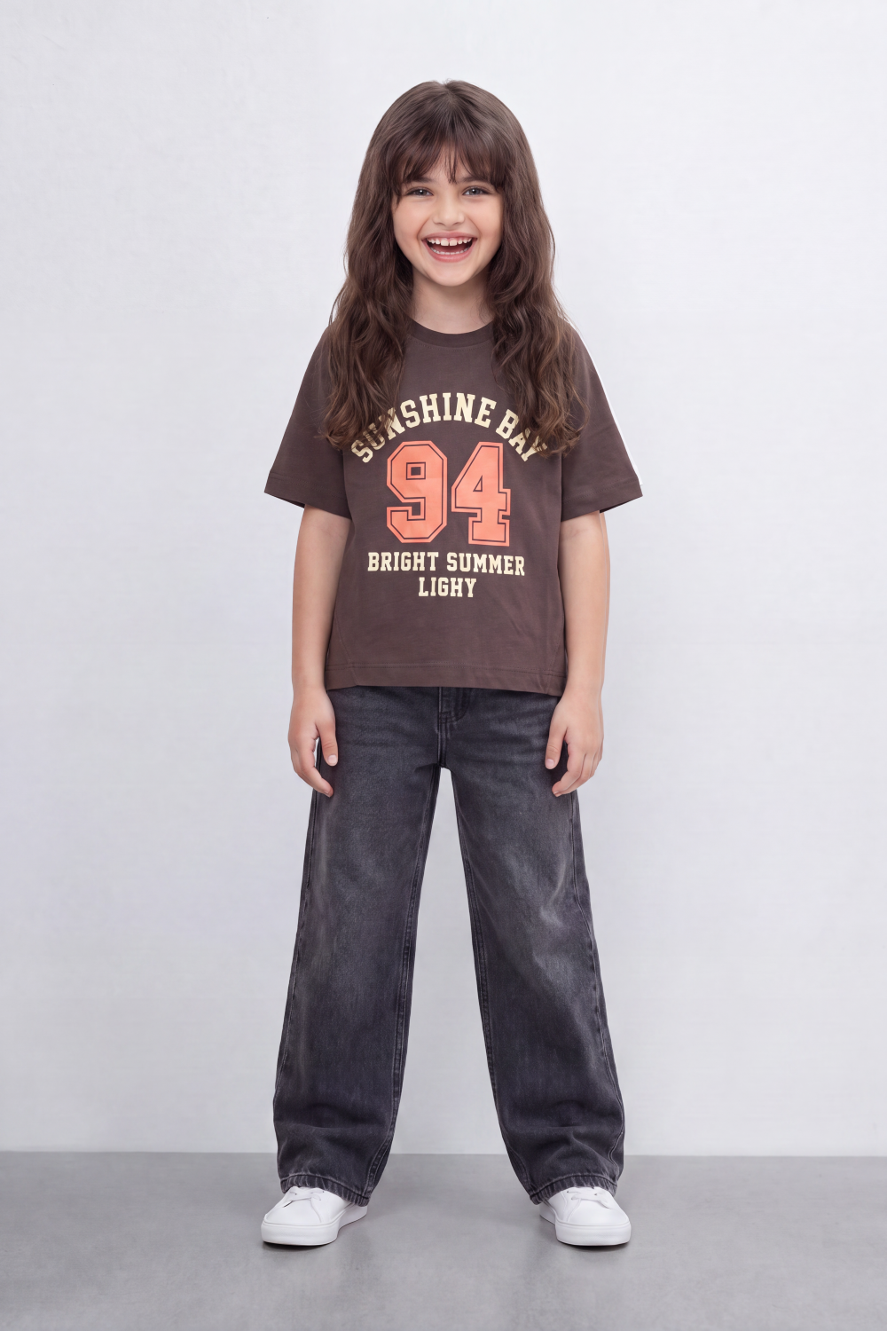 Girl's Tomato Store Sunshine Bay T-Shirt Collegiate Arch Typography Frames A Bold 94 Front Graphic With Bright Summer Slogan