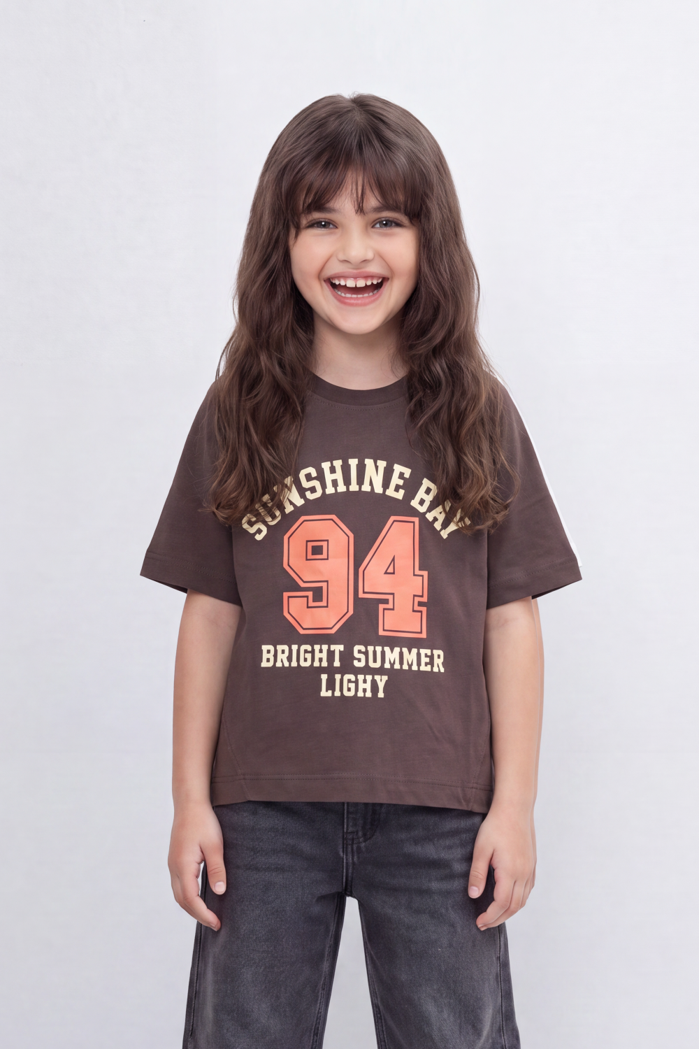 Girl's Tomato Store Sunshine Bay T-Shirt Collegiate Arch Typography Frames A Bold 94 Front Graphic With Bright Summer Slogan
